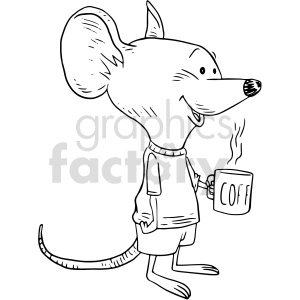 This clipart image shows a cute cartoon mouse holding a coffee cup. The image is in black and white and it is a vector graphic.
