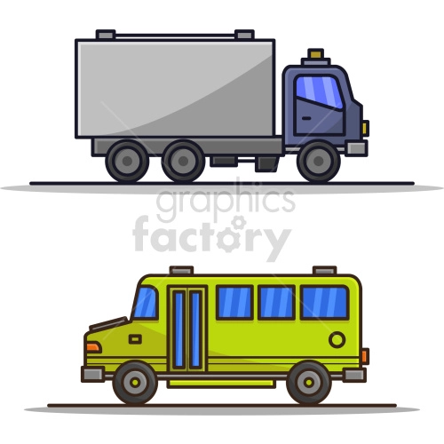 Illustration of a grey delivery truck and a green bus. The delivery truck has a large cargo area and the bus has several windows and a double door for passengers.