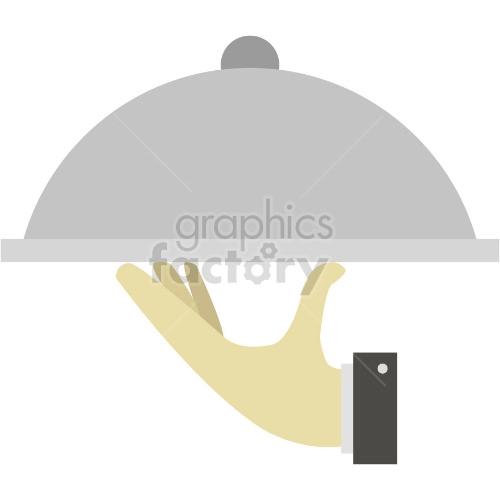 A clipart image of a hand holding a serving tray with a cloche lid, typically used to represent service, hospitality, or catering.