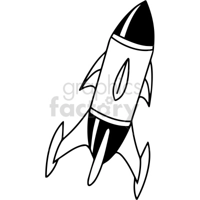 Black and white clipart of a rocket ship with pointed nose cone and fins.