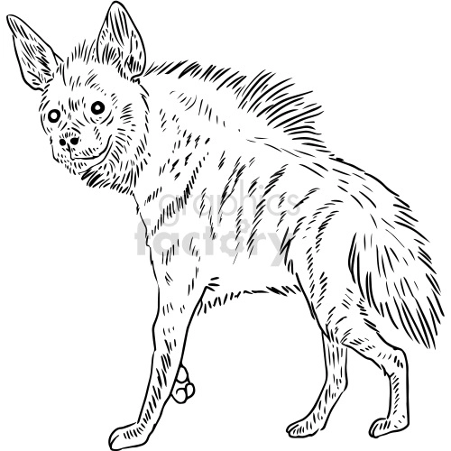 A detailed black and white clipart image of an aardwolf or hyena, featuring its characteristic sparse mane, large ears, and striped markings.