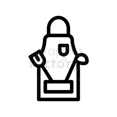 A simple black and white clipart image of an apron, with BBQ utensils in the front pocket 