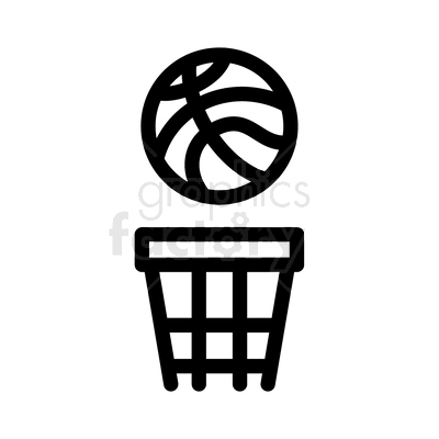 A simple black and white clipart image depicting a basketball and hoop.
