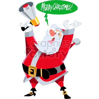 A cheerful Santa Claus character holding a megaphone and shouting 'Merry Christmas!' in a speech bubble.