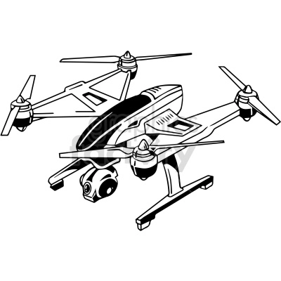 Clipart image of a modern quadcopter drone with a camera attached, featuring four rotors and streamlined design elements.