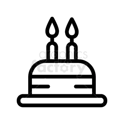 A black and white clipart image of a birthday cake with two lit candles.