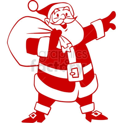 A cheerful Santa Claus is illustrated in a red and white clipart style, holding a sack over his shoulder while pointing forward.