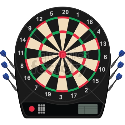 Clipart image of an electronic dartboard with six blue darts.