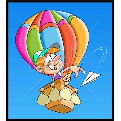 The clipart image shows a cartoon man standing in a hot air balloon and throwing a paper airplane. The image doesn't have any direct reference to news, but it could be interpreted as someone delivering a message or sending a note.

