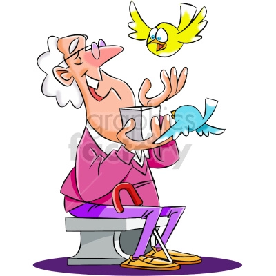 The clipart image depicts a cartoon senior citizen who is feeding birds. The elderly person appears to be in good health as they are standing upright and able to perform the action of feeding the birds. The image conveys a sense of care, kindness, and enjoyment of simple pleasures such as bird-watching and connecting with nature.
