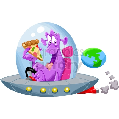 This clipart image shows a cartoon-style illustration of an alien sitting inside a flying saucer or UFO, while holding and eating a slice of pizza with its hand.
