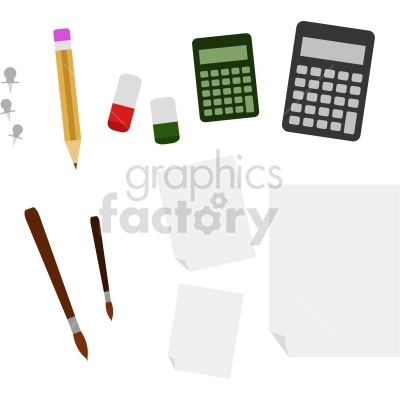 The clipart image shows a collection of school supplies commonly used in math class. It includes items such as paper, pencils, a calculator, and a ruler. These tools are often used to complete mathematical problems and assignments in an educational setting.
