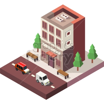 The clipart image shows an isometric view of a bank storefront with cars parked on the street in front of it. The building has multiple floors and features windows, and doors.

