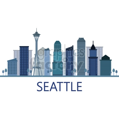The clipart image shows an illustrated depiction of the Seattle city skyline. The image features the iconic Space Needle tower and includes several other notable buildings and structures, such as office towers and a Ferris wheel. The image also shows the water of Elliott Bay in the foreground.
