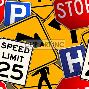 A collection of various road and traffic signs including stop, parking, speed limit, hospital, and warning signs.