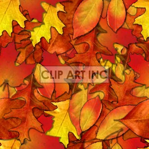Clipart image depicting an assortment of autumn leaves in vibrant shades of red, orange, and yellow.