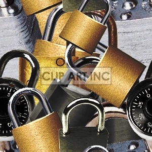 A clipart image featuring multiple padlocks and combination locks.