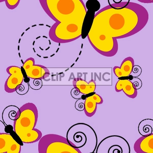 A vibrant clipart image featuring yellow and orange butterflies with purple wings against a lavender background. The butterflies have whimsical black swirls as trails, creating a playful and lively pattern.