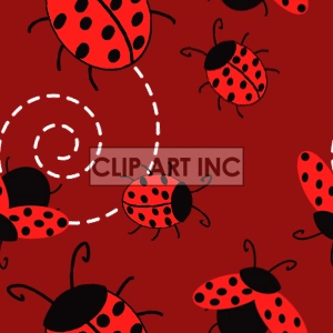 Clipart image of red and black ladybugs on a red background with a dotted swirl line.