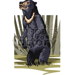 The clipart image shows a standing grizzly bear, which is a type of brown bear found in North America. The bear is depicted facing forward with its paws outstretched and appears to be roaring or growling. It is shown in a stylized manner with simplified shapes and bold lines, making it suitable for use in various designs and projects.

