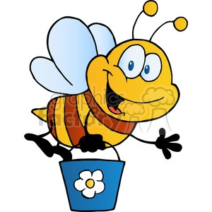 This clipart image features a cheerful, cartoon-style bee with blue wings, yellow antennae, and a striped yellow and brown body. The bee is holding a blue bucket with a white and yellow flower design on it.