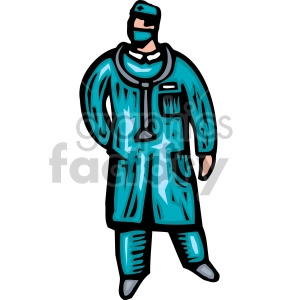 Clipart image of a medical professional wearing a blue uniform, surgical mask, and stethoscope.