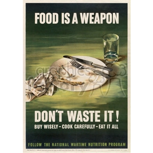A vintage wartime poster with the message 'FOOD IS A WEAPON' and 'DON'T WASTE IT! Buy wisely - cook carefully - eat it all'. The poster features an empty plate with a knife and fork, a used napkin, and a half-full glass. The aim is to promote careful use of food resources.