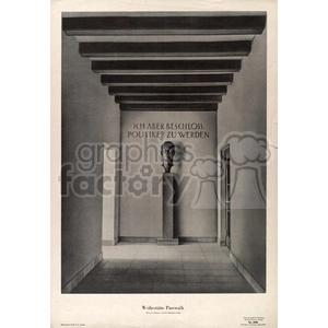 This clipart image depicts an architectural hallway with a bust displayed on a pedestal at the end. There is an inscription on the wall above the bust in German that says 'ICH ABER BESCHLOSS, POLITIKER ZU WERDEN'. The hallway has a beamed ceiling and open doorways leading to other rooms.