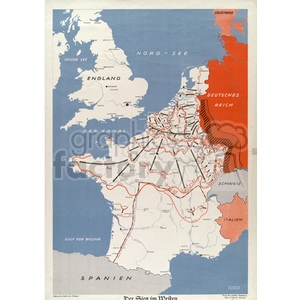 A historical map depicting the military movements and strategies in Europe during World War II. The map highlights various countries including Deutschland, England, Spain, and Italy, as well as major geographical features such as the North Sea and the English Channel.