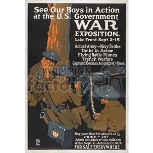 This vintage poster invites viewers to the U.S. Government War Exposition, featuring Army and Navy battles, tanks in action, flying battle planes, trench warfare, captured German aeroplanes, and guns. The poster shows soldiers operating a large gun.