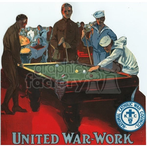 Clipart image depicting military personnel playing pool with an emblem of the National Catholic War Council and the text 'United War-Work' at the bottom.