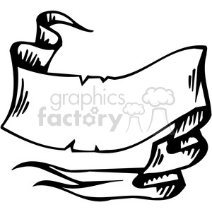 A black and white clipart of a ribbon banner with a blank space for text. The banner has a vintage and hand-drawn style with curled edges.