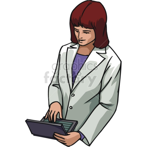 A clipart image of a person wearing a white lab coat, holding and using a tablet device.