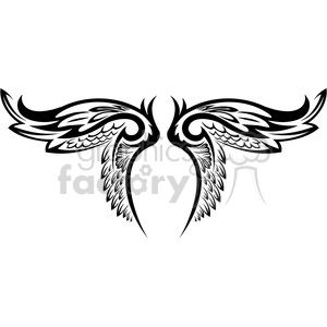 A symmetrical, artistic black and white clipart illustration of a pair of angel wings with intricate patterns and feather details.