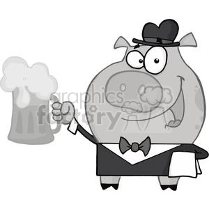 Black and white clipart image of a pig dressed as a waiter holding a frothy beer mug. The pig is wearing a bow tie and a hat, with a towel over one arm.