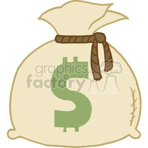 A clipart image of a beige money bag with a green dollar sign and a brown rope tied around its top.