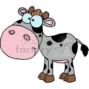 This clipart image features a cartoon cow with a pink nose. The cow is primarily black and gray with black spots. It has large blue eyes, small tan horns, and a cheerful expression. The cow also has a tuft of brown hair on its head and a black tail with a tuft at the end.