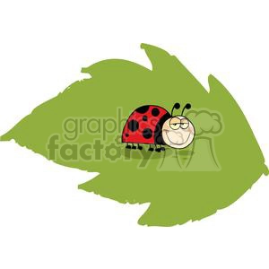 A playful cartoon ladybug with a red shell and black spots, resting on a large green leaf.
