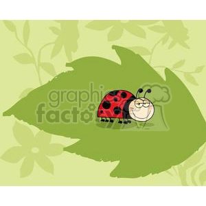 A cheerful cartoon ladybug with red and black spots, resting on a green leaf. The background features a light green floral pattern.