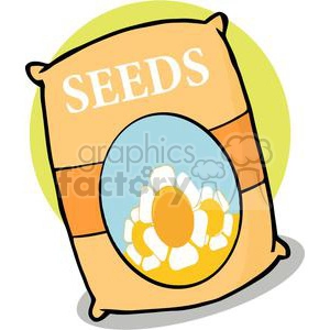 Illustration of a bag labeled 'Seeds' with an image of white-petaled flowers with yellow centers.