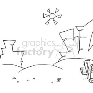 Black and white clipart image depicting a desert scene with stylized rock formations, a bright sun, and a small cactus on a sandy terrain.