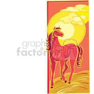 Illustration of a horse under a bright sun with clouds in the background, representing the Chinese Zodiac sign of the Horse.