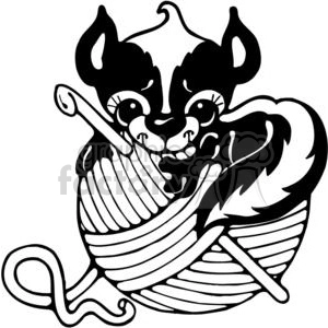 The clipart image features a cartoonish skunk sitting inside a large ball of yarn. The skunk has a happy expression and is holding one of the knitting needles that are stuck into the yarn. It appears to be playing or pretending to crochet. The yarn ball and needles suggest a cozy, crafty theme, typically associated with crocheting or knitting activities.