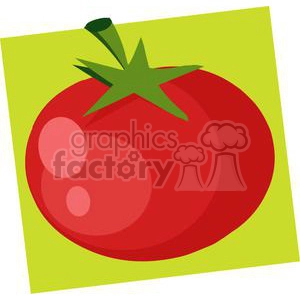 A vector clipart image of a red tomato with green leaves on top, set against a light green background.