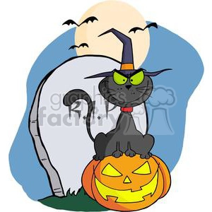 3226-Halloween-Cat-on-Pumpkin-Near-Tombstone-And-Bats-A-Full-Moon