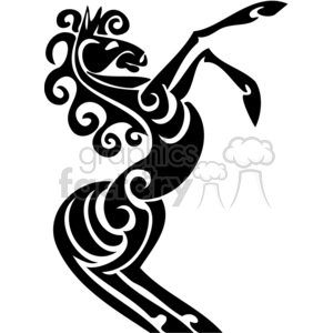 This clipart image features a tribal-style illustration of a horse in black and white. The design is composed of intricate, swirling patterns, with the horse appearing in a dynamic rearing position.