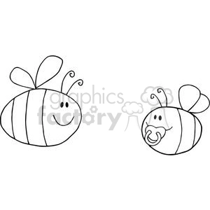 A black and white clipart image of two cheerful bees. The bee on the left is larger, smiling, and has antennae, while the bee on the right is smaller and has a pacifier, indicating it is a baby bee.