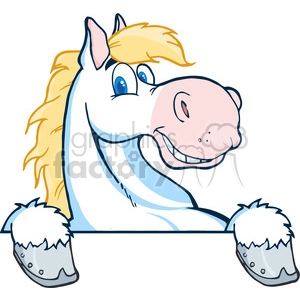 A cheerful cartoon horse peeking over a blank sign, with blonde mane and friendly expression.