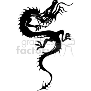 The image depicts a stylized Chinese dragon in a black and white silhouette. The dragon has exaggerated features typical of traditional Chinese art, including a mane-like series of spikes, large eyes, an open mouth with visible teeth, and a long, sinuous body with clawed feet.