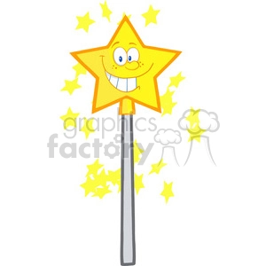 Clipart illustration of a smiling star wand with a cheery face and surrounding yellow stars.